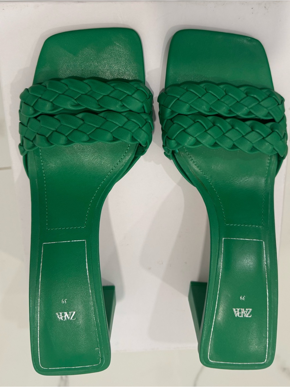 ZARA Emerald Green Braided Square-Toe Block Heel Mules size 39 worn once